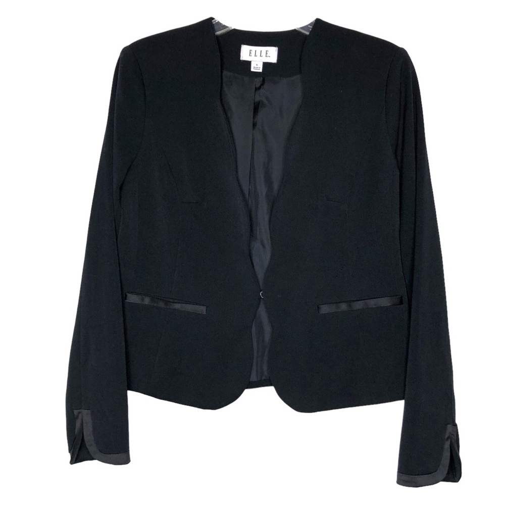 New - ELLE Black Scalloped Edge Blazer Satin Trim Pockets & Cuffs - Size 6 NWOT